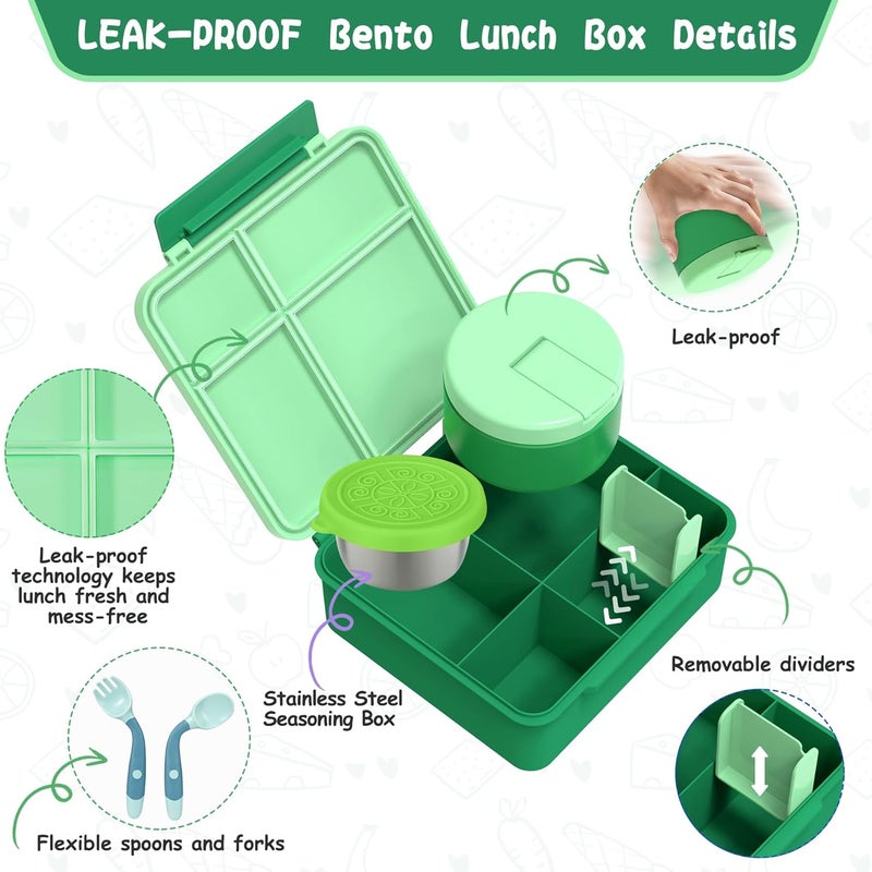 Aimsnk Kids Bento Lunch Box with 8oz Soup Thermo, Kids Leakproof Lunch Food Containers with 4 Compartment,Insulated Hot Food Jar with Lunch Bag for School, Travel (Green) - Image 5